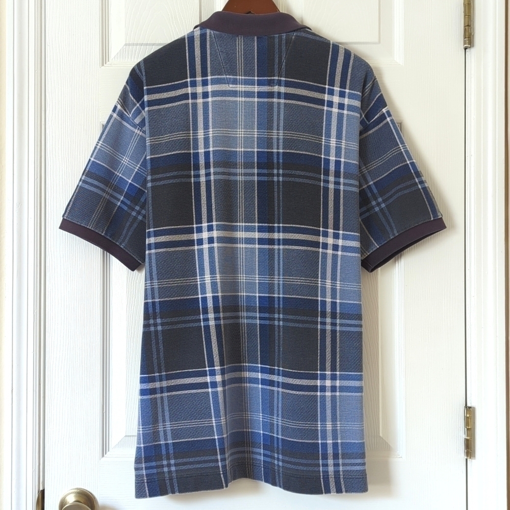 Nautica 90's Vintage Preppy Plaid Short Sleeve Henley Polo Shirt Navy Blue XL - Picture 9 of 10